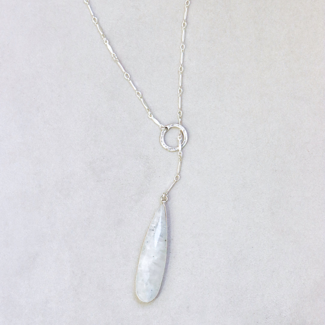 Moonstone Circle Silver Lariat Necklace