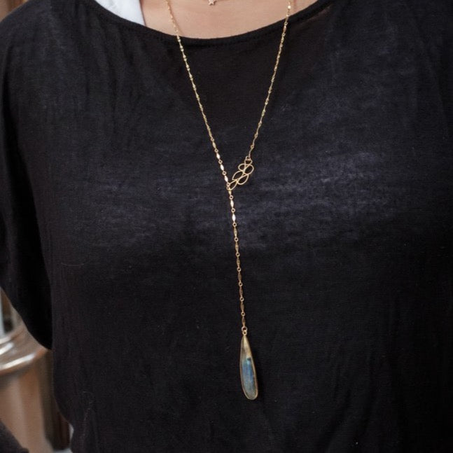 Labradorite Leaf Silver Lariat Necklace