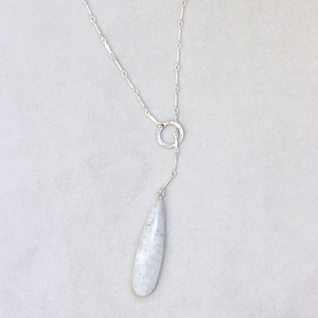Moonstone Circle Silver Lariat Necklace