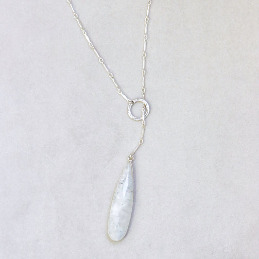 Moonstone Circle Silver Lariat Necklace